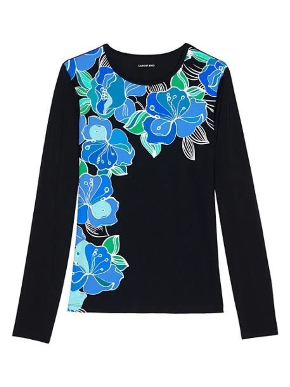 Lands' End Crew Swim Tee Shirt Long Sleeve UPF Rash Guard FLORAL Black M